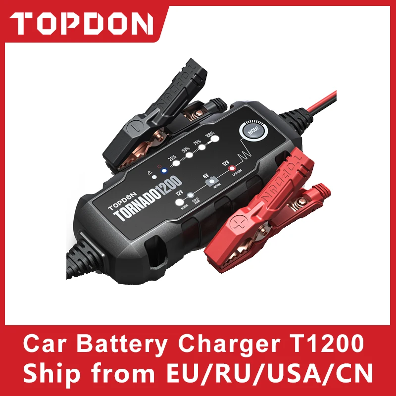 

Topdon T1200 Car Battery Charger 6V 12V Automatic Lead Acid Lithium Batteries Charger IP65 Car Motorcycle Battery Charger