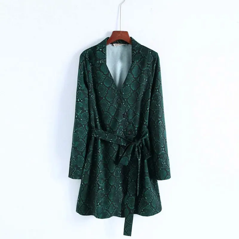 ZA 2020 весеннее Новое зеленое платье с принтом под змеиную кожу v-образным вырезом