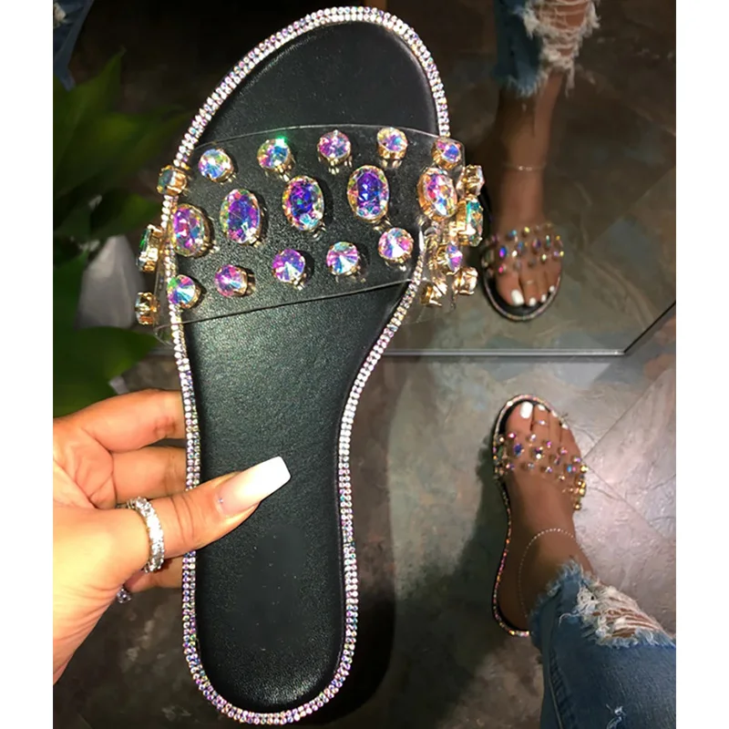 Женские блестящие сандалии фантазии со стразами на плоской подошве Обувь низком