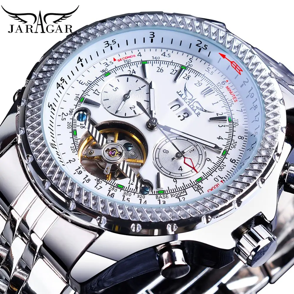 

Jaragar Календарь автоматические часы белый циферблат серебро Нержавеющая сталь браслет Дата часы световой ручной турбийон механические часы