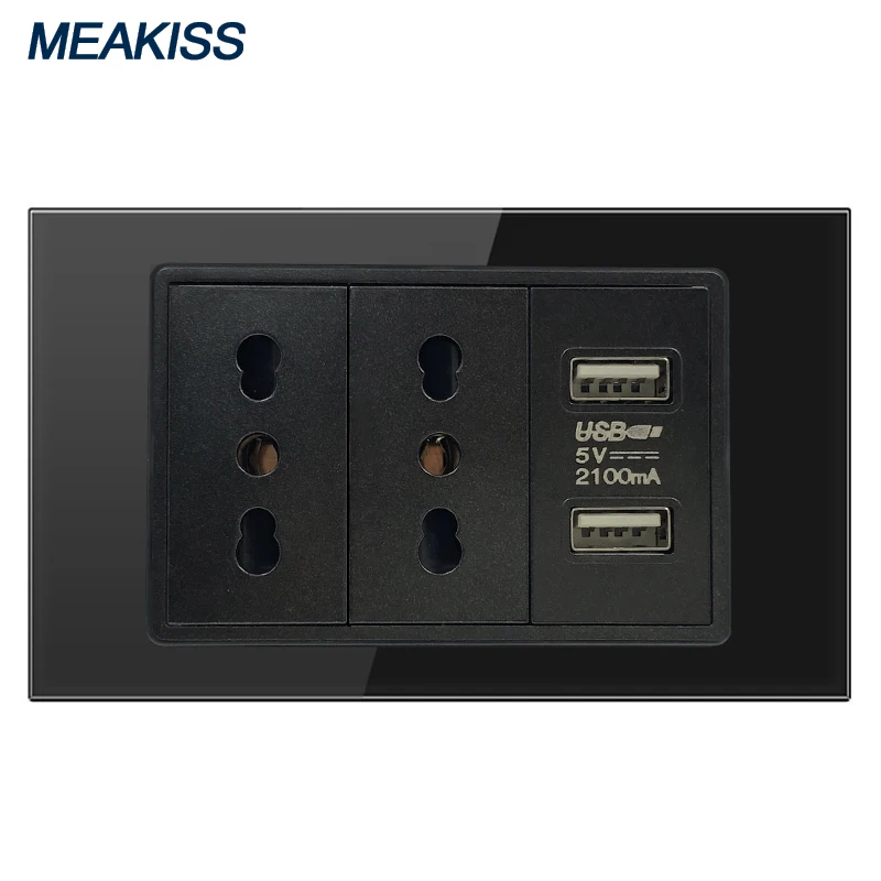 

Chile Italy socket USB 2.1A fast charge tempered glass panel home power electrical plug wall 2 socket 16A