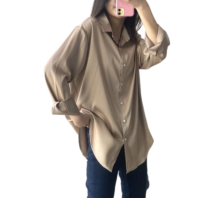 Весенняя мода на пуговицах атласные шелковые рубашка винтажная блузка для