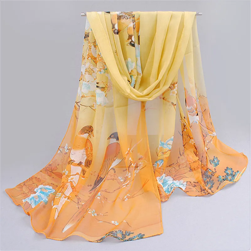 

Autumn Spring Fashion Chiffon Scarf 160*50cm Birds Flowers Print Scarves Shawl For Women Ladies Pashmina 24 Colors