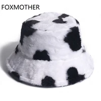 foxmother new fashion faux fur cow print bucket hats women winter panama fisherman caps gorra