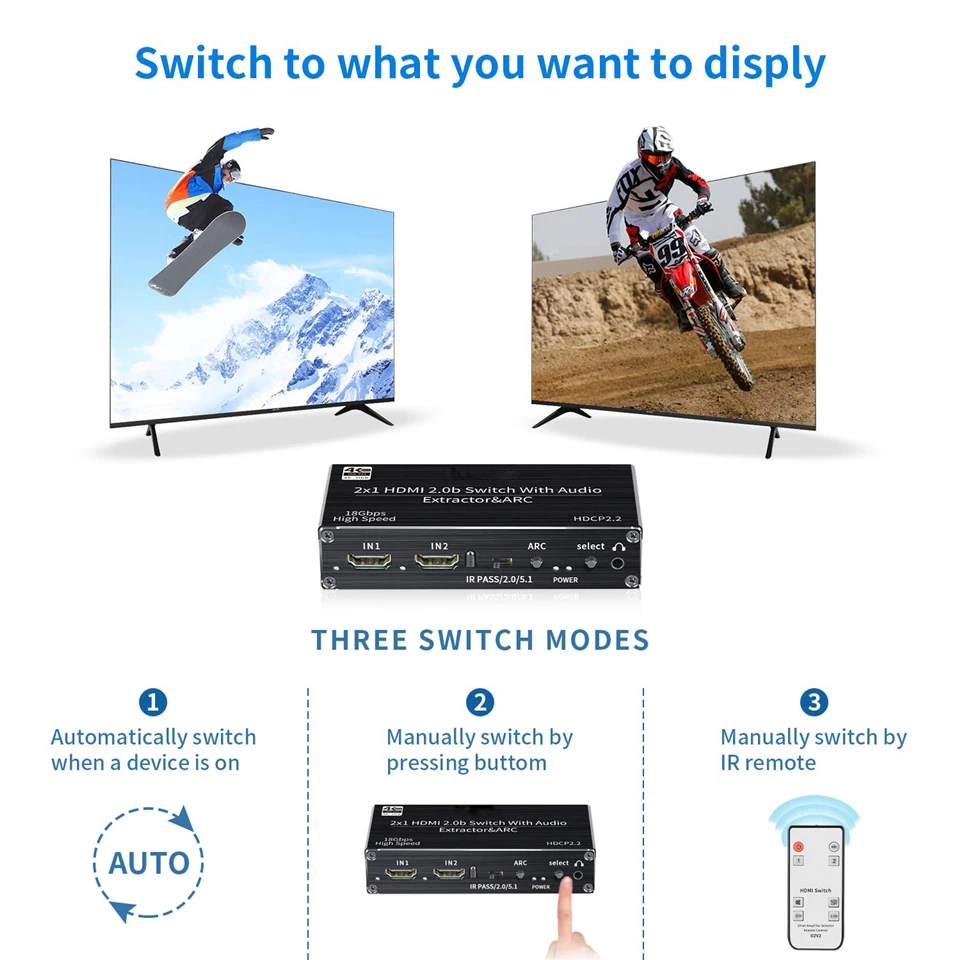 mini 2x1 4k hdmi switch audio extractor with arc optical toslink hdmi 2 0 switch 4k 60hz hdmi switcher remote for apple tv ps4 free global shipping