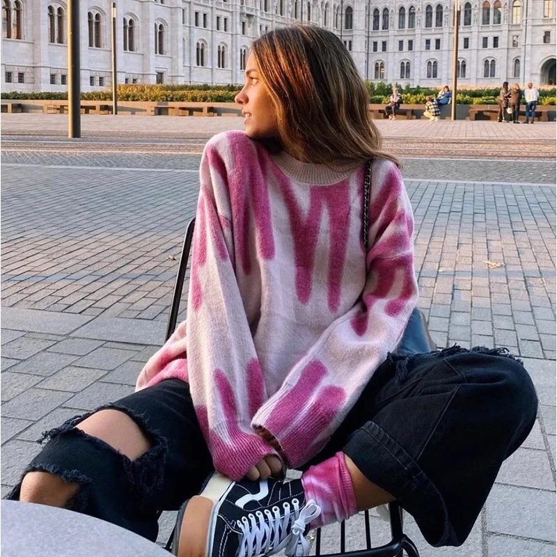 

Elegant Fashion Rose Stripe Print Long Sweater Women 2021 Spring Autumn Streetwear Knitted Pullovers Loose Outerwear