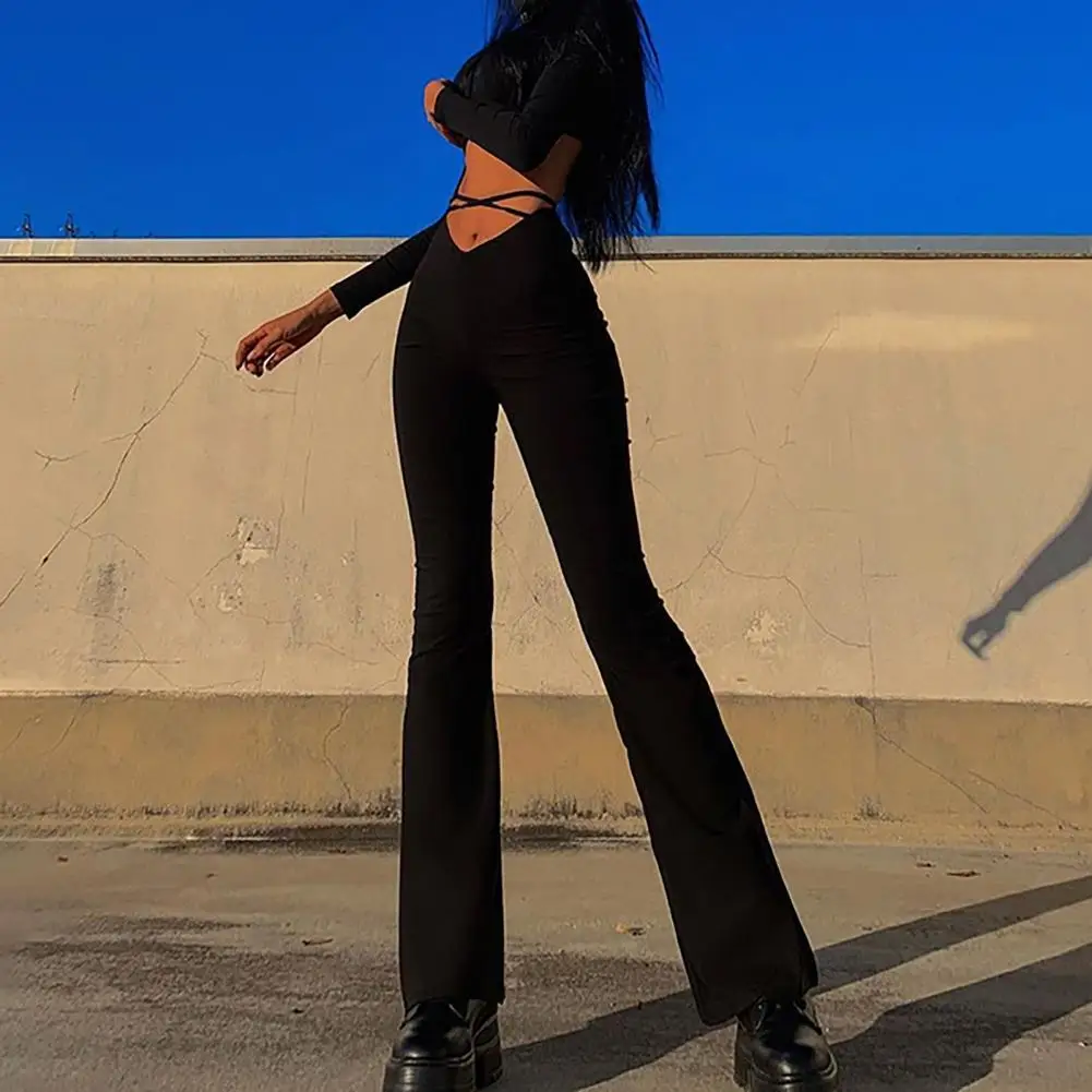 

Flared Pants Women Pants Club Trousers Lace Up Crossed Strap Casual Flare Pants Navel-exposed V Shape Waist Trousers Streetwear