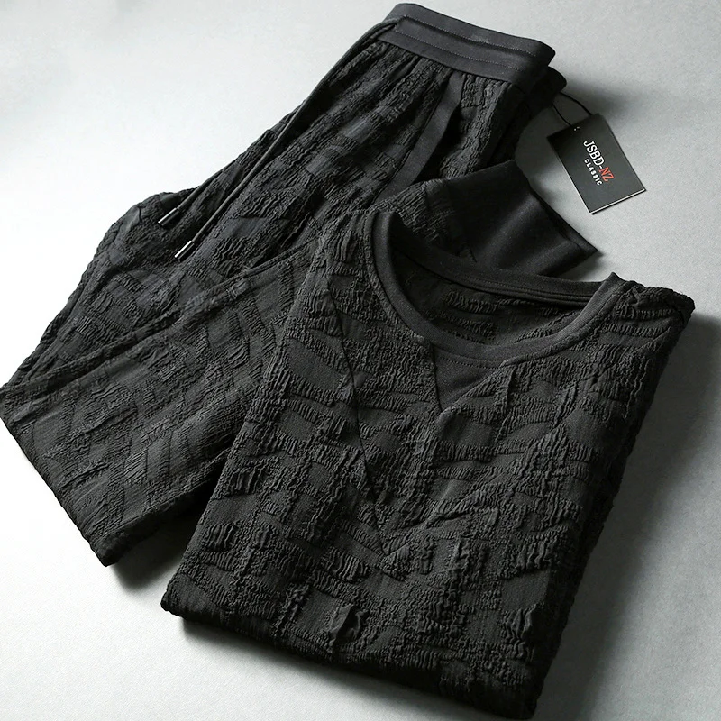 

Spike high-end style men must receive fashion wrinkled fabric men's leisure suit short sleeve sports suit