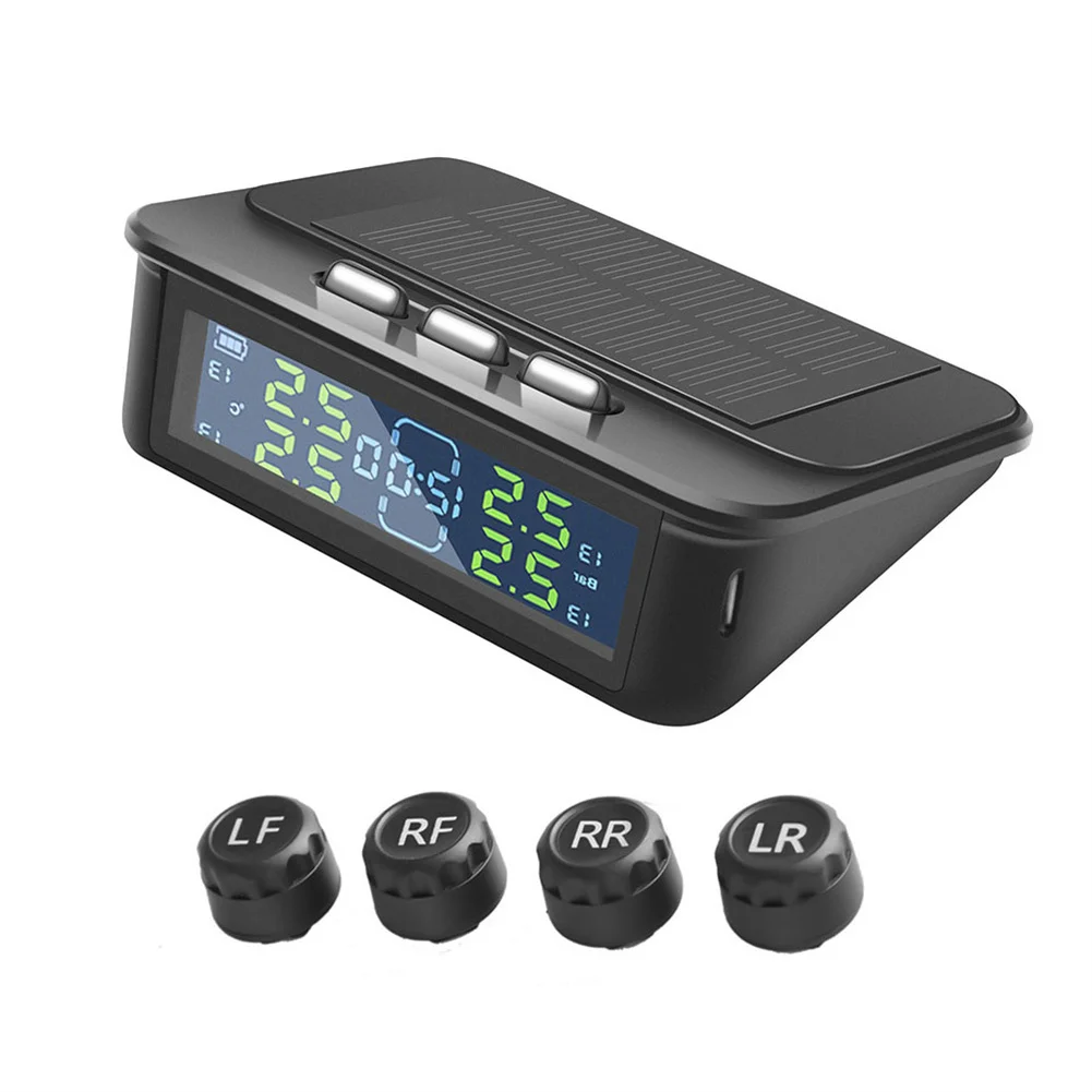 

Solar Powered Car TPMS Tire Pressure Monitor System Clock Temperature LCD Display Security Alarm Systems With 4 External Sensors