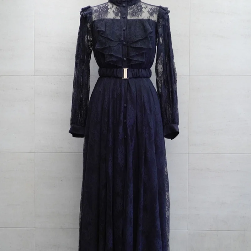 

Chic Lace Patchwork Dress Women High Waist A Line Vestidos Spring Stand Collar Elegant Temperament Long Sleeve Robe with Belt
