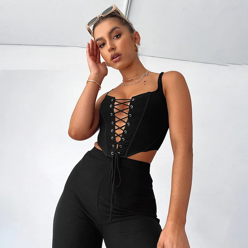 

2022 Fashion Sexy Lace Up Camis Women Square Collar Bandage Tie Up Camisole Female Clothing Elegant Streetwear Slim Croset Tops