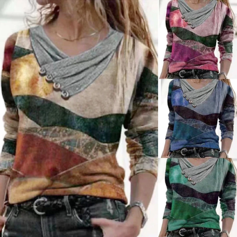 

Tops Long Sleeve Women's T-shirt Women's Clothing Streetwear Fashion T-shirts 2022 Women's Casual Cross V-neck Button Printing /