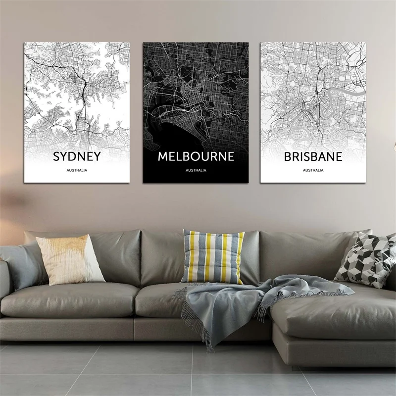 

Australia Melbourne Sydney Poster Brisbane Custom City Map Wall Art World Map Travel Posters and Prints Black and White Decor