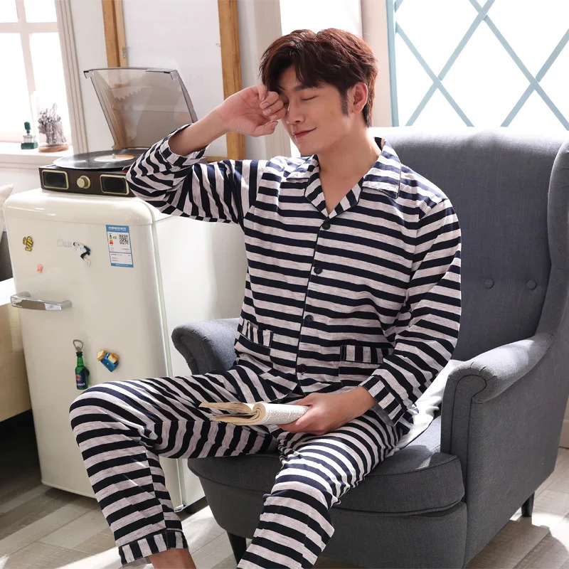

Men Knitted Cotton Sleepwear Simple Striped Sexy Nightwear Homewear for Men pijama hombre invierno Winter Man Pajamas