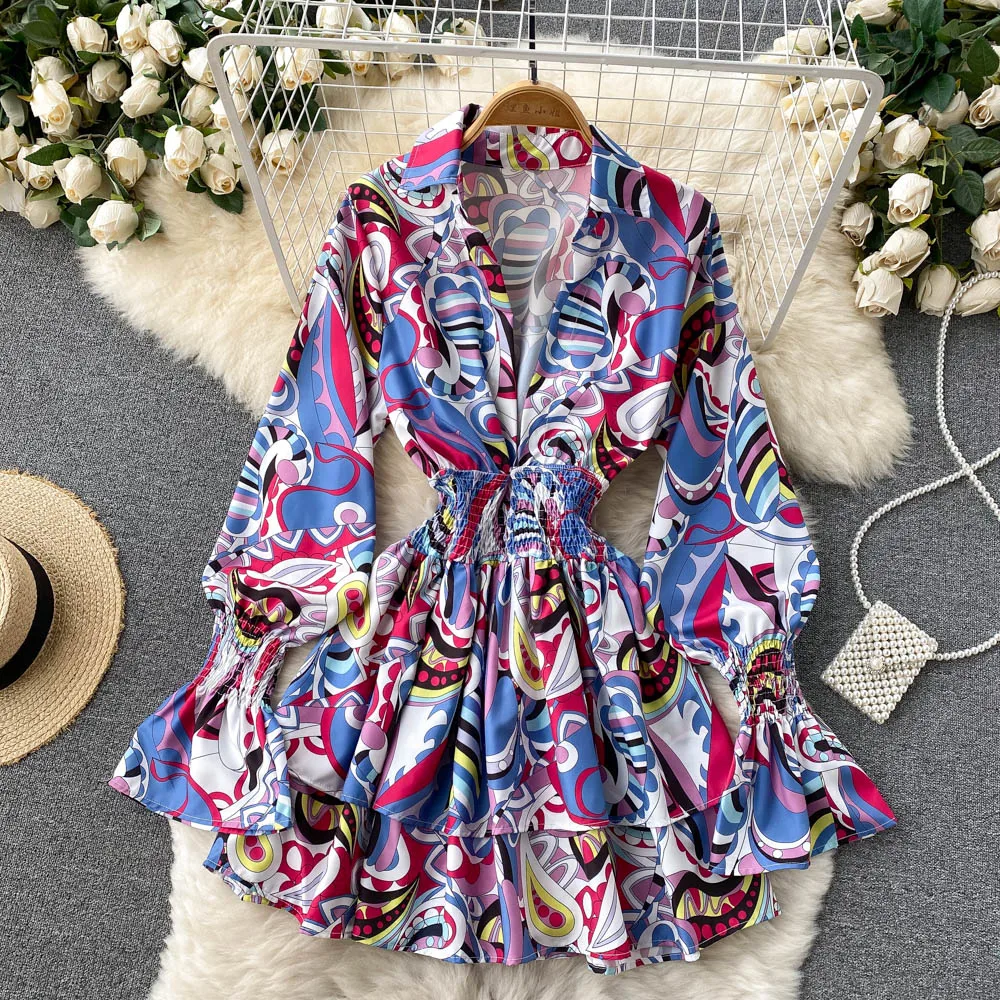 

C555 Women's 2022 Spring Autumn New Fashion Sexy Deep V-neck Print Long Flare Sleeve Short Ruffle Dress Vintage Vestidos