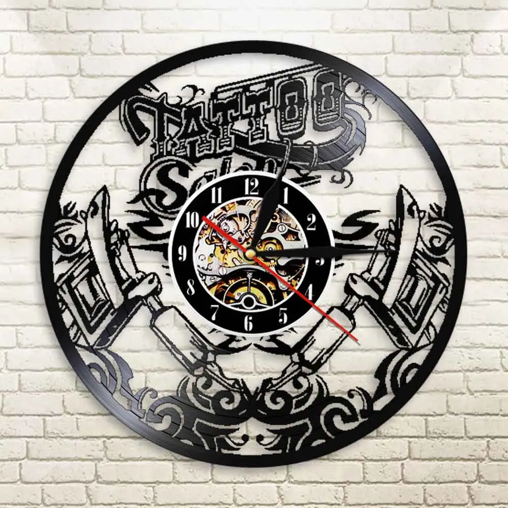 

Tattoo Studio Wall Sign Tattoo Salon Vinyl Record Wall Clcok Tattoo Shop Tattoo Machine Wall Art Decor Hipster Men Gift Idea