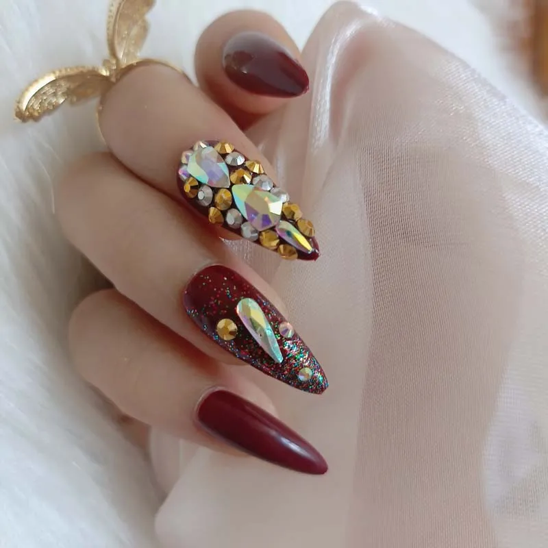 

Новые высококачественные бриллиантовые длинные заостренные искусственные ногти, 24 красных ногтя