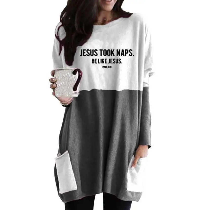 

New Arrival Jesus Took Naps Be Like Jesus Letters Bible Faith Print Long Sleeve Stitching Pocket Female T-shirt Women Casual Top