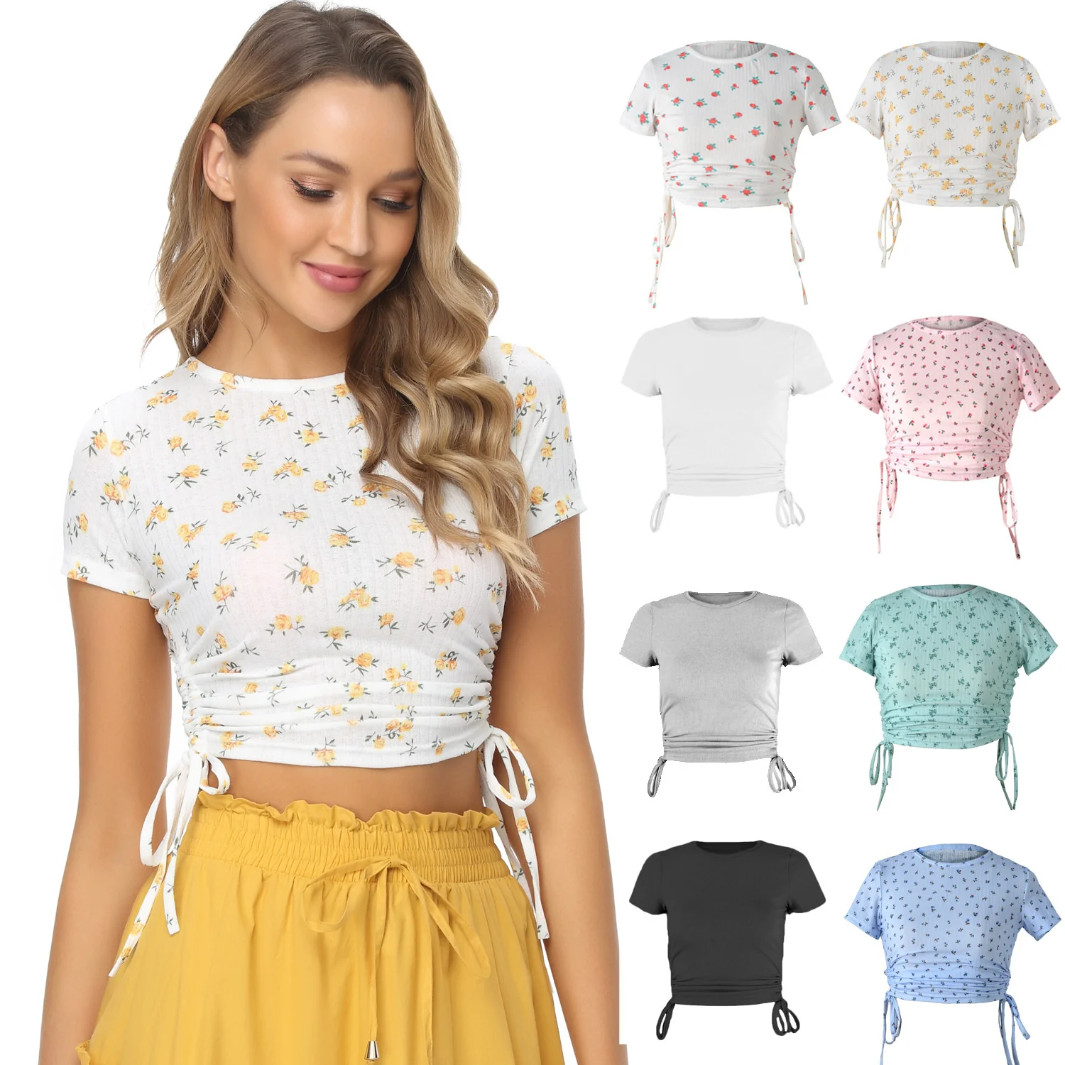 

SurainSun 2021 printed short sleeve kawaii t shirt women's drawstring open navel round neck casual summer top