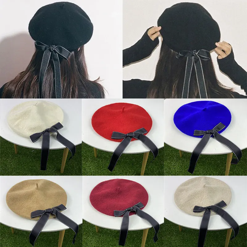 

Korean Version Stylish Polychromatic Wool Bow-knot Beret All-matched Everyday Style Hat Elegant Temperament Ladies Beret