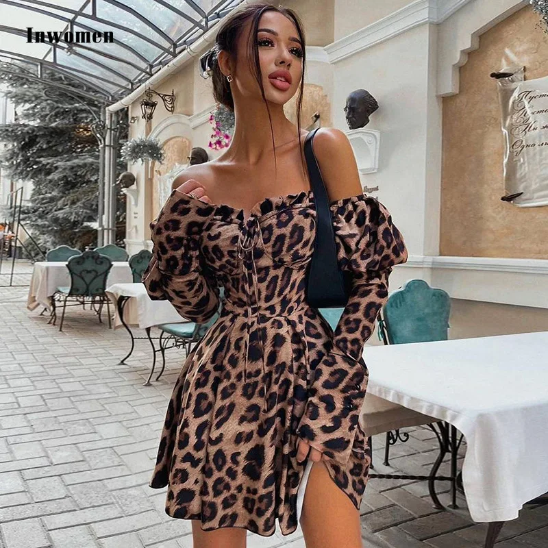 

Inwomen Fashion Sexy Long Sleeve Strapless Mini Dress Women Elegant Leopard Printing Casual Party Dresses Autumn New Sexy Dress