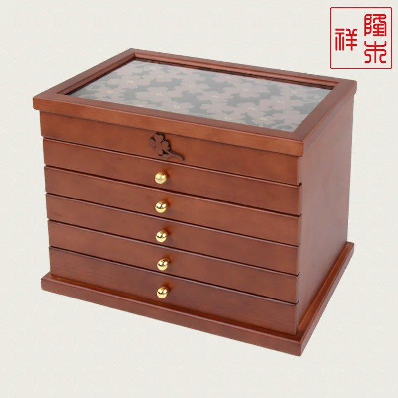 2021 New 6 Layers Solid Wood Jewelry Box European Multi-Layer Princess Jewelry Retro Earrings Necklace Bracelet Storage Box Wood
