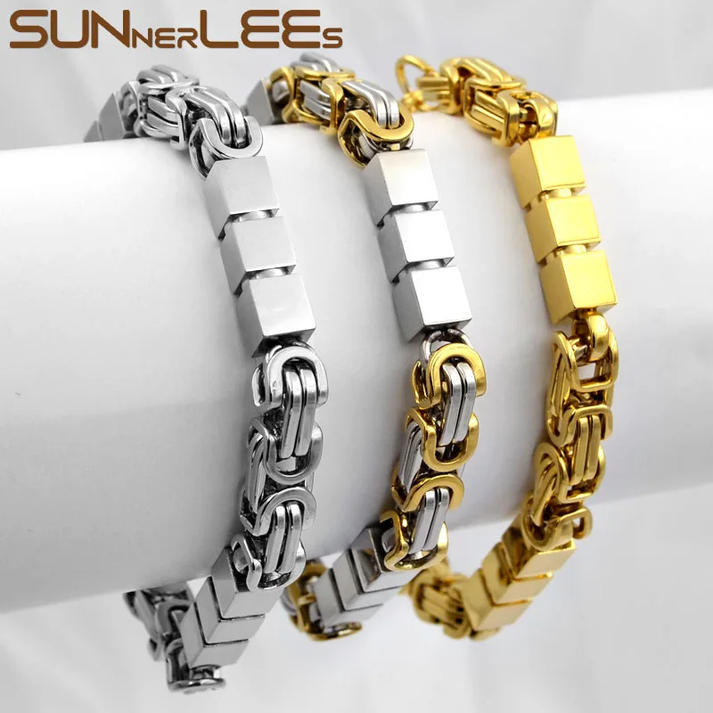 

SUNNERLEES 316L Stainless Steel Bracelet 7mm Geometric Byzantine Link Chain Silver Color Gold Plated Men Women Gift SC187 B