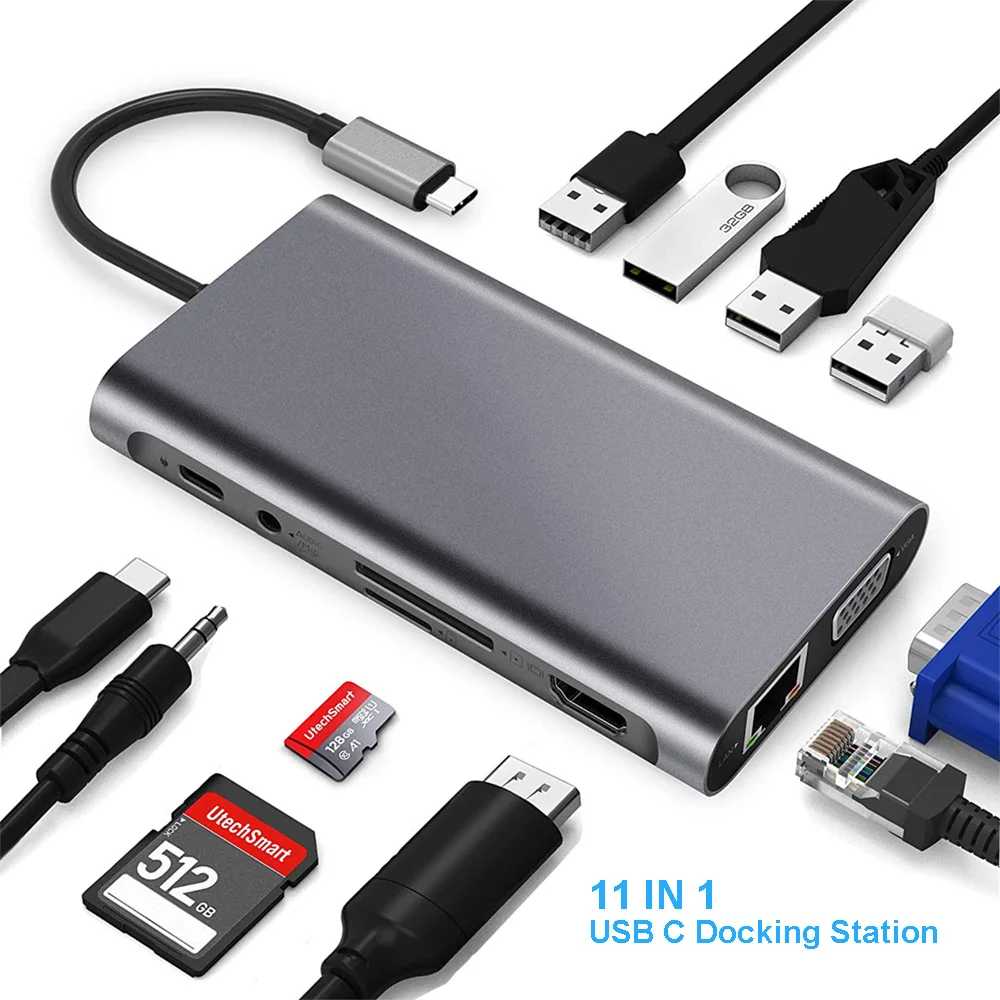 

Док-станция USB Type C для ноутбука MacBook Pro Air, Hp, Dell, 11 в 1, адаптер USB C Hub, 4K, HDMI, VGA, SD, TF, RJ45, PD, быстрая зарядка