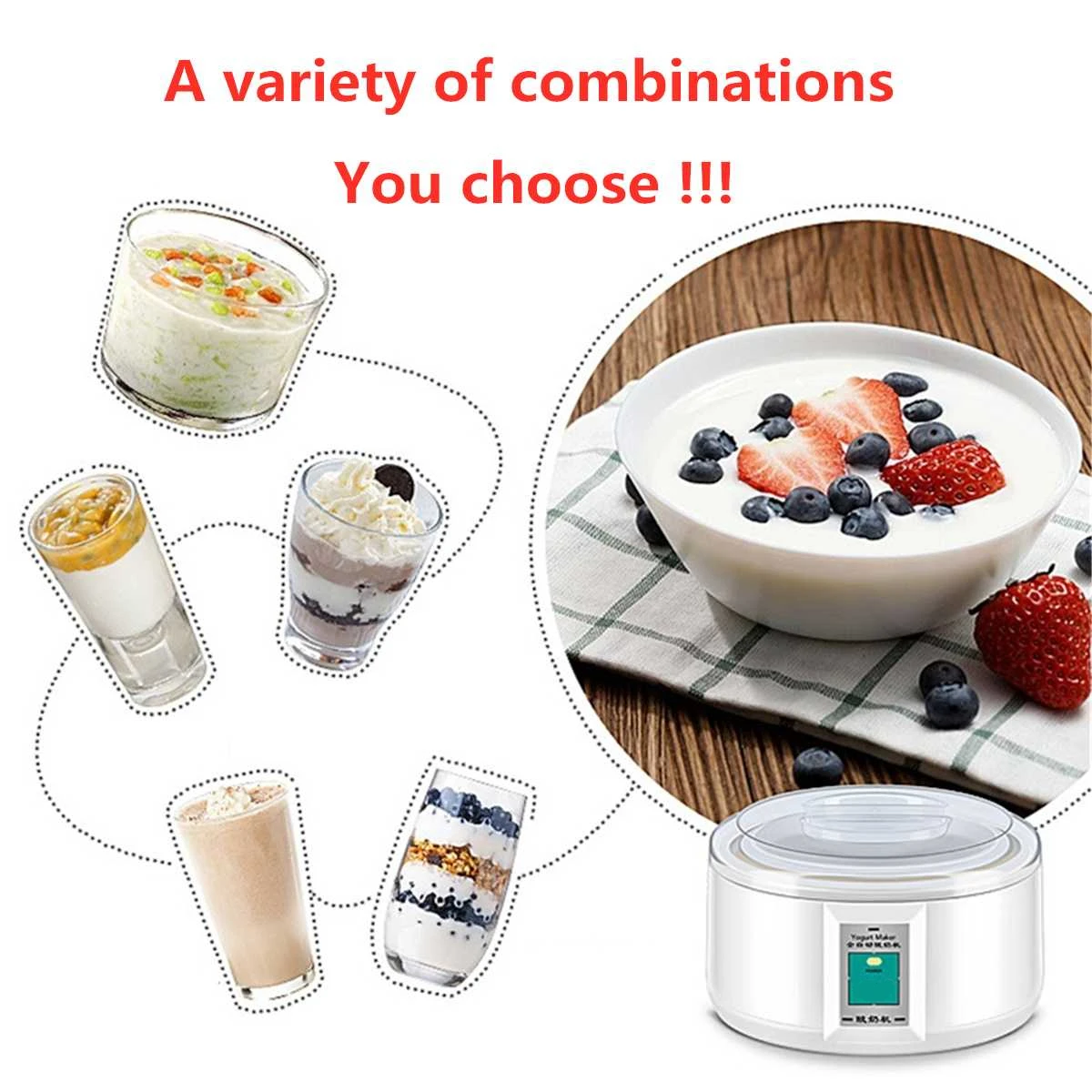 

Yogurt Maker with 7 Glass Ferment Jars Automatic Yogurt Machine Household DIY Automatic Yogurt Tools Kitchen Appliance 220V 15W