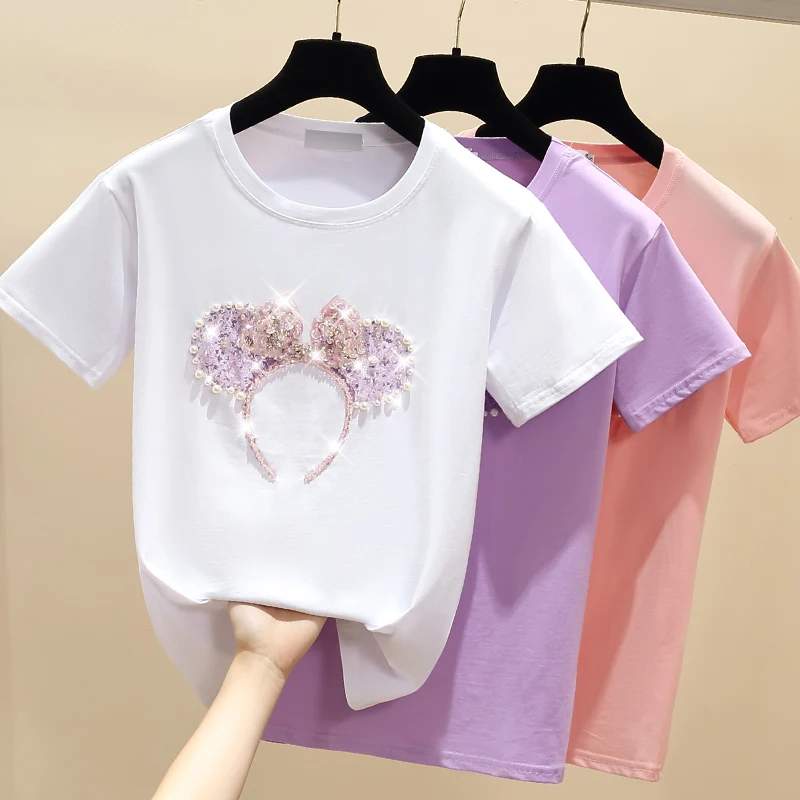 

gkfnmt Beading T Shirt Summer Short Sleeve Women Top Pink Tshirt Cotton Korean Style T-shirt Women Clothes Tee Shirt Femme White