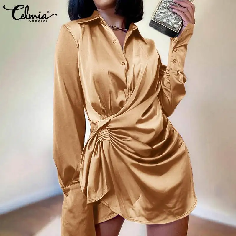 

Celmia Fashion Satin Luxury Shirt Dress Women Elegant Draped Waisted Street Mini Vestidos Y2K Long Sleeve Lapel Short Dresses