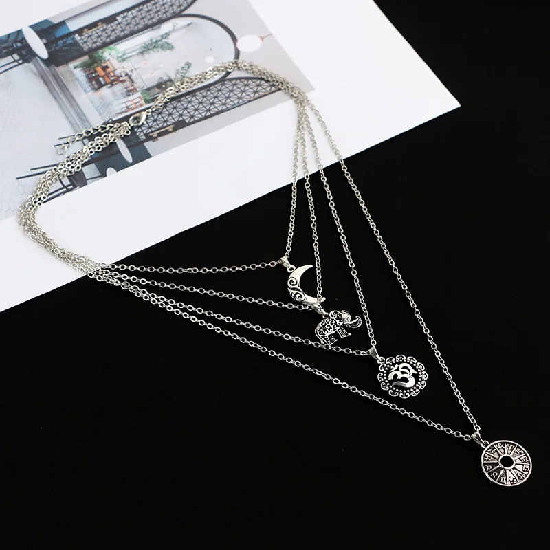 

Multilayer 3D Elephant Moon Pendant Long Pendant Necklace