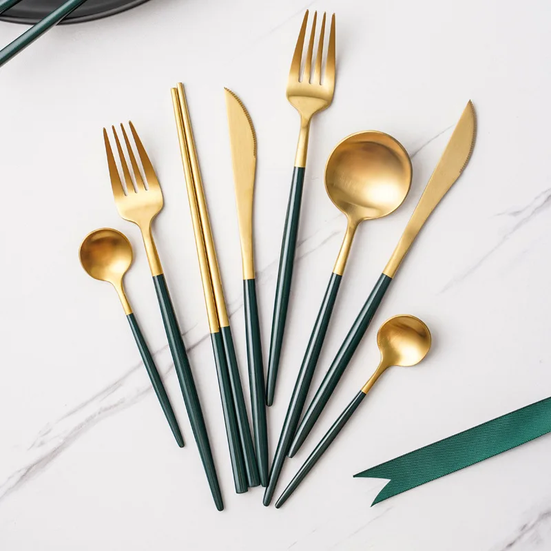 

Matte Gold Cutlery Sets 18/10 Stainless Steel Kitchen Dinnerware Set Spoon Fork Knife Chopsticks Green Flatware Tableware Sets