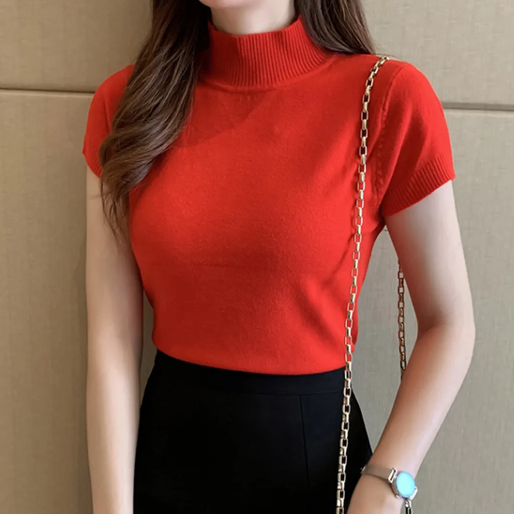 Женская Однотонная футболка водолазка топ с коротким рукавом свитер джемпер