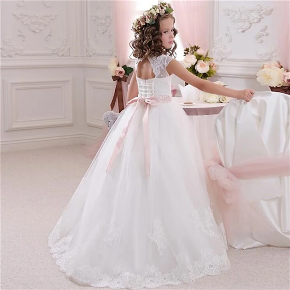 

Princess Flower Girl Dresses for Weddings Lace Applique Sheer Long Sleeves Ball Gown Puffy Backless Girls Birthday Dress