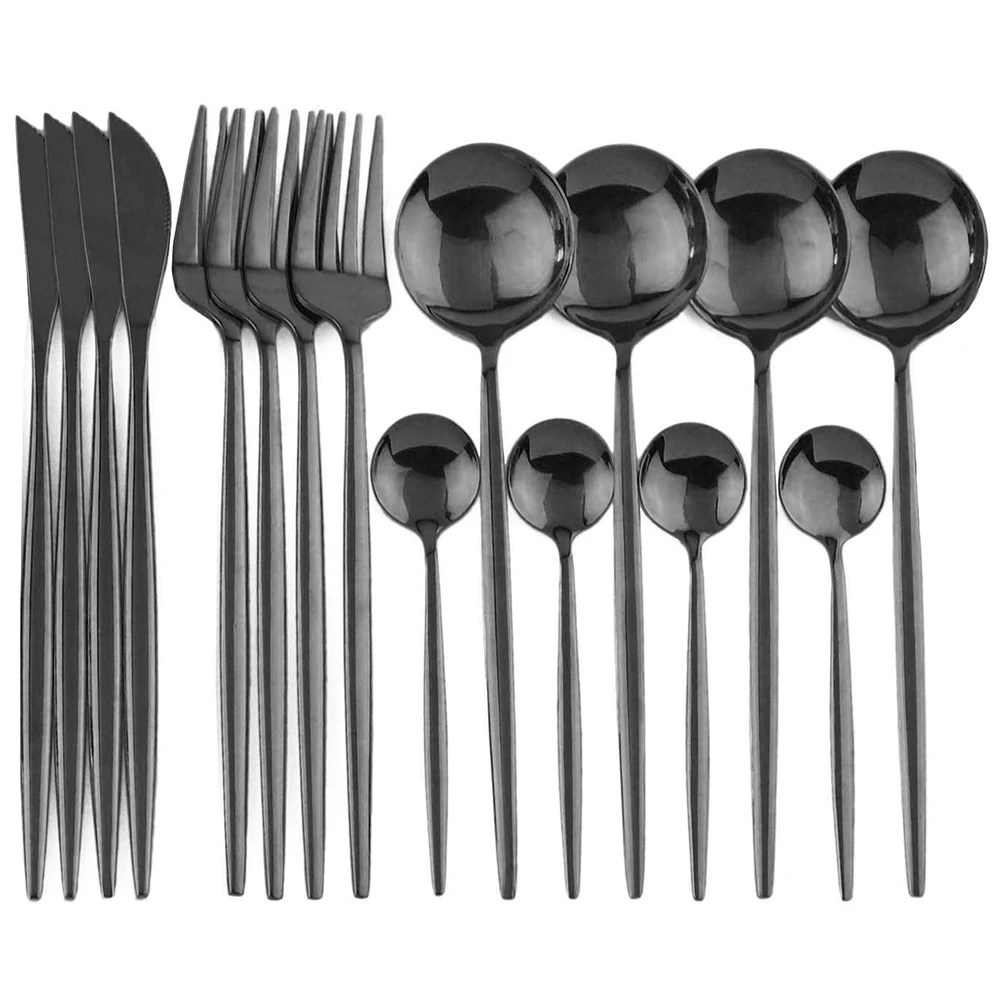 16Pcs Black 16 шт. набор посуды, розовые золотые столовые приборы, набор посуды из нержавеющей стали 304, набор ножей, вилок, ложек, кухонные серебряные аксессуары - Цвет: 16Pcs Black