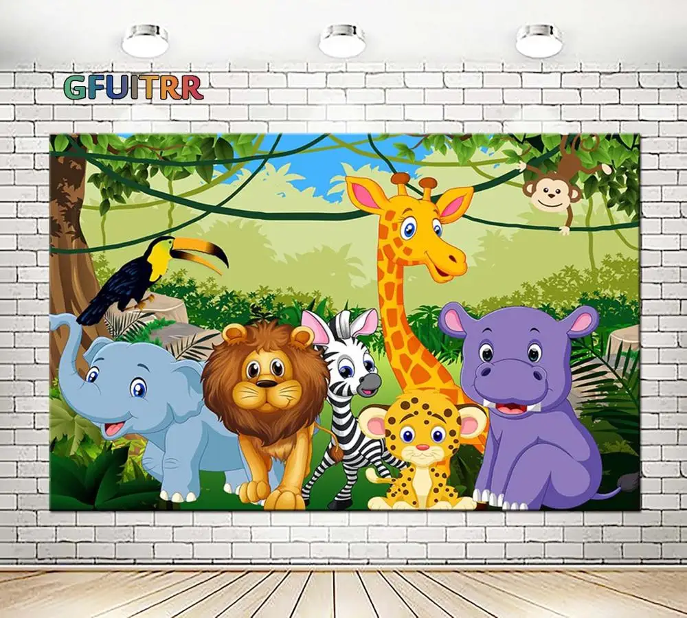 Фон для фотографий Cartoon Lion King для детской вечеринки на день рождения с зеброй, слоном, бегемотом и обезьяной из виниловых реквизитов.