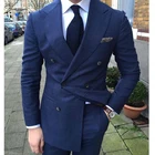 Костюм мужской двубортный приталенный, блейзер, пиджак, брюки и галстук, смокинг для жениха, темно-синий цвет, 2 предмета