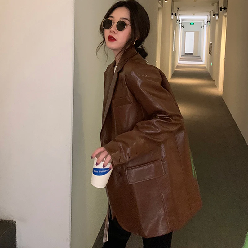 

XITAO Casual Faux Leather Women Tide Fashion Vintage New Style Turn Down Collar Long Sleeve Double Breasted Elegant Coat ZXR1403