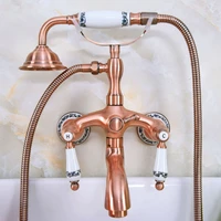 antique red copper wall mount bathtub faucet dual handles swivel spout mixer tap with hand sprayer zna315