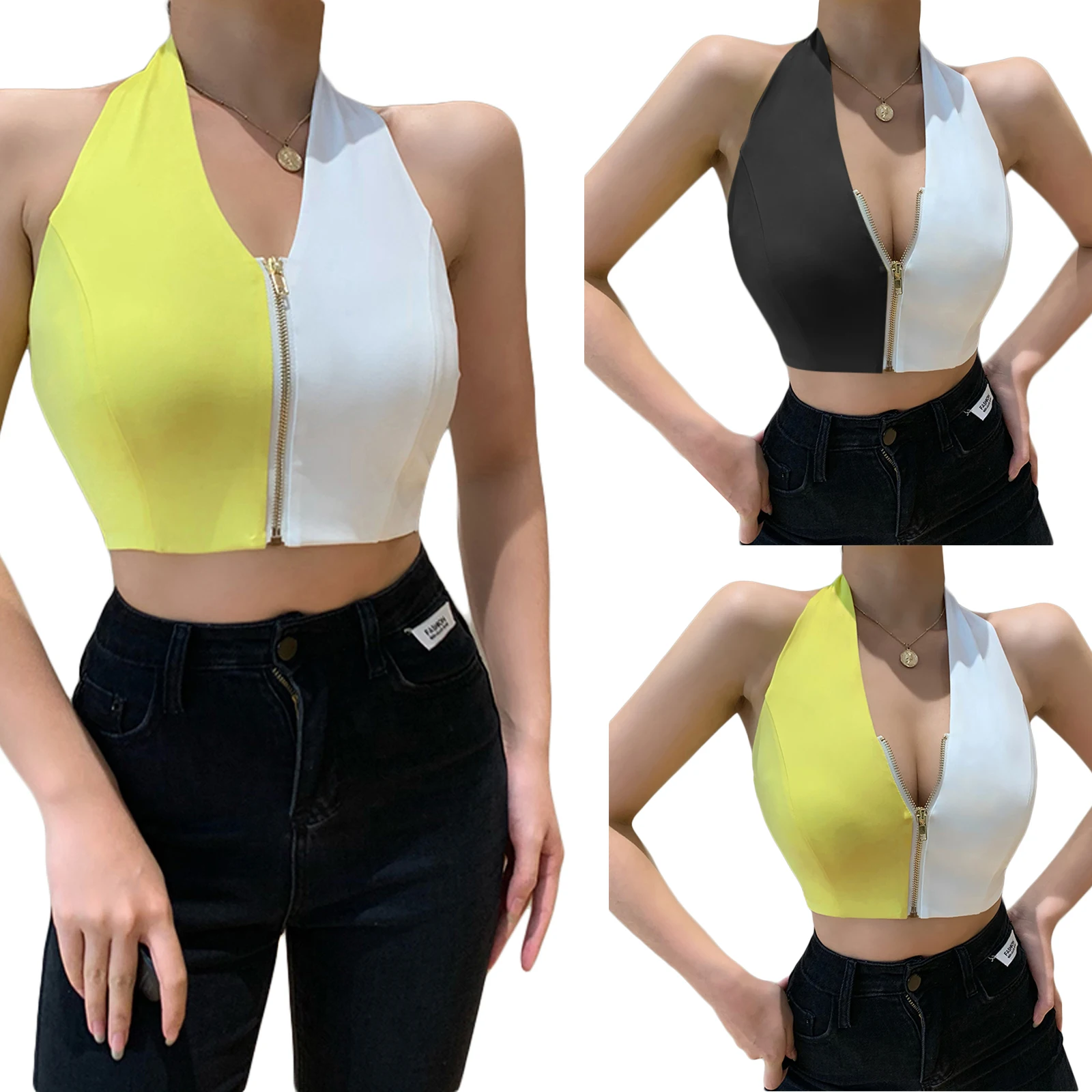 

2021 Summer Women's Halter Crop Tops, Sexy Sleeveless Backless Color Block Zip Front Camisole