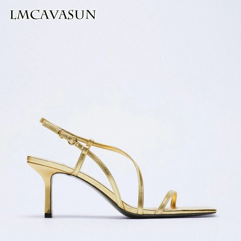 LMCAVASUN летние новые стильные женские туфли с золотым металлическим покрытием на