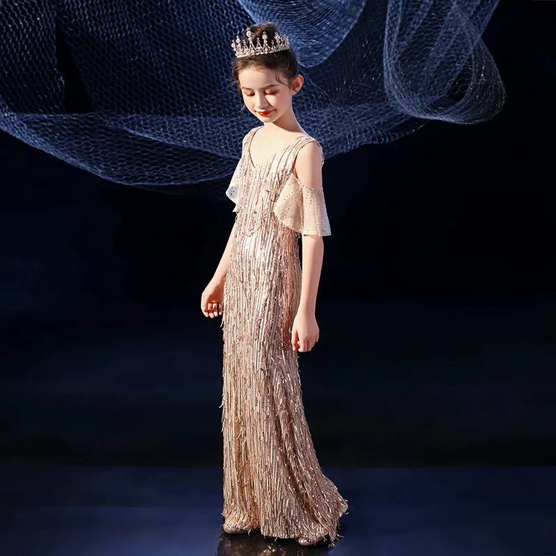 

Evening Gown Baby Girl V-Neck Backless Catwalk Costume Sequins Tassels Long Dress Girls Formal Dress Children Party Clothing