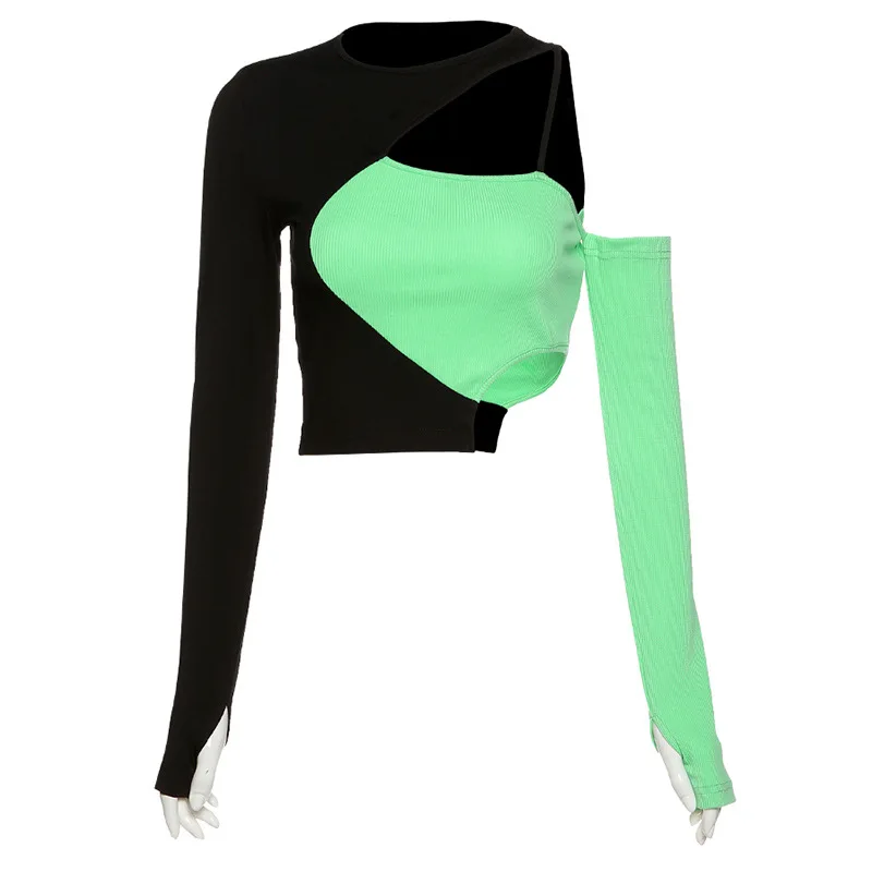 

2021 Punk Sexy Black Green Patchwork Top Gothic Bodycon Hollow Out Long Sleeve Top Women Streetwear Chic Backless Cropped Top