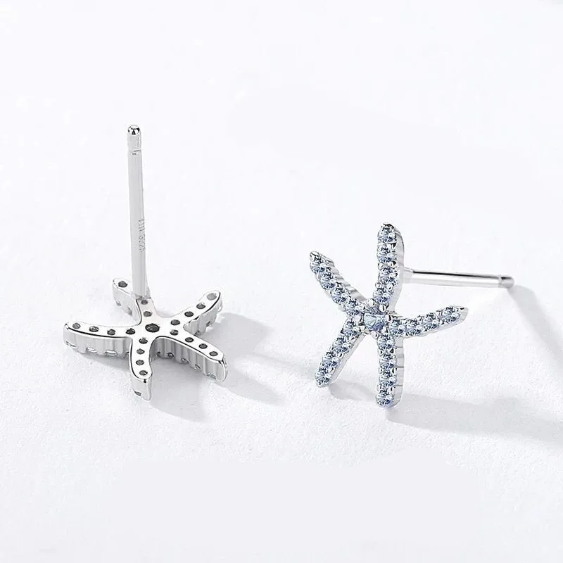 

s925 sterling silver blue starfish ladies stud earrings Stylish temperament simple Korean full crystal pentagram earring