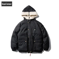 winter mens new parka punk style lamb wool hooded warm casual thicken coat loose zippers high street korean male outerwear