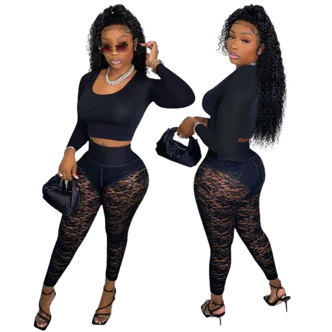 

Sexy Black Lace Patchwork Two Piece Set Woman O Neck Long Sleeve Crop Top + Lace Pants See Through Club Party Outfits Clothes