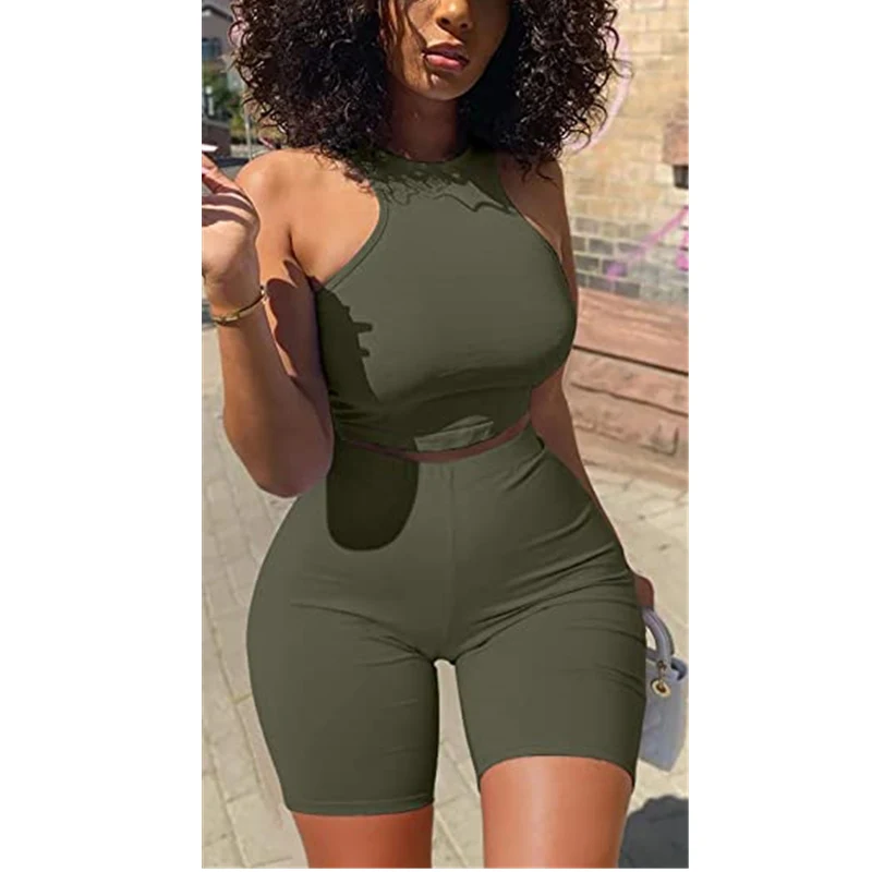 

Женский летний комплект одежды из двух предметов, облегающий Топ без рукавов с круглым вырезом и шорты с высокой талией, спортивный костюм д...