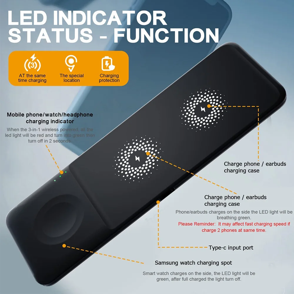Cargador inal&aacute;mbrico 3 en 1 para Samsung Galaxy S21 20 10, adaptador QC3.0, cargadores inal&aacute;mbricos de carga r&aacute;pida, luz LED-5