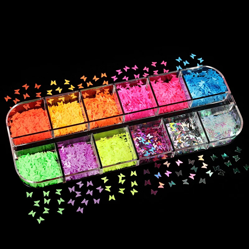 

12 Grids Fluorescent Butterfly Ultra Thin Sequins Nail Art Accessories Glitter Nail Flakes Colorful Shiny Nails Decorations Tips